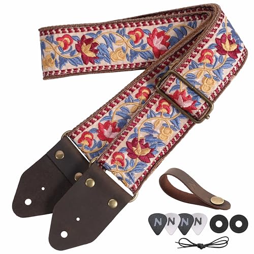 Nefelibata Guitar Strap,Jacquard Embroidery Cotton Guitar Straps with Crazy Horse Leather Ends for Bass Electric & Acoustic