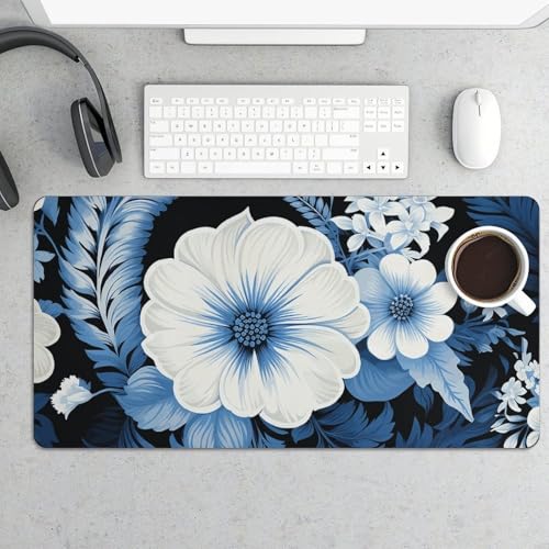 Desk Pad Protector 24x12 Inch Extendido Floral Azul y Blanco