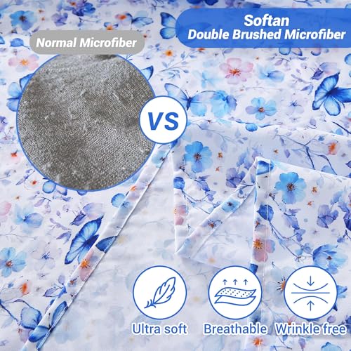 Image of Softan Full Floral Sheets, Microfiber Blue Flower Printed Fitted Sheets with Non-Slip Corner Straps and 15 inch Deep Pocket, Butterfly Patterned Cozy Bed Sheets Double Sheets & Pillowcase Sets