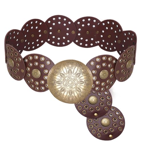 Wide Disc Belt for Women Cowboy Vintage Western Concho Leather Waist Belts Boho Disk Y2k Belt for Skirts Pants Dress