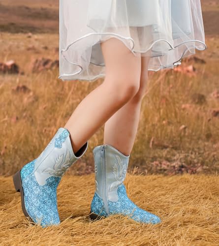 DADAWEN Boys Girls Cowboy Boots Embroidery Glitter Mid Calf Square Toe Kids Western Cowgirl Boots Riding Shoes (Toddler/Little Kid/Big Kid)2