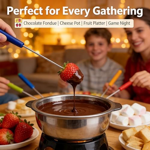 Stainless Steel Fondue Forks, Colorful Handle Dessert Forks for Chocolate Fountain, Cheese Pot & Fruit, Reusable Heat Resistant Fondue Sticks (Green) — view 3