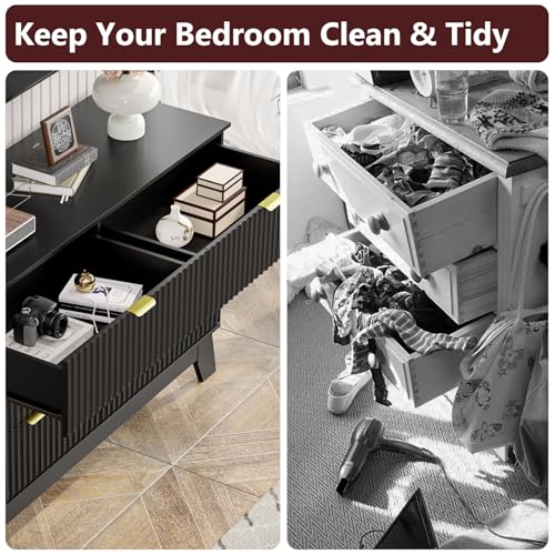 Image of Black Dresser 6 Drawer Dresser for Bedroom, 47''W Fluted Wooden Dresser Storage Cabinet and Chest of Drawers with Metal Handle, Storage Organizer for Living Room, Hallway, Entryway