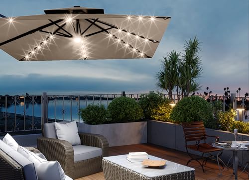 10' x 10' Heavy Duty Cantilever Patio Umbrella with Solar LED Lights & Weighted Base, 2-Tier Square Aluminum Offset Outdoor Umbrella with 360-Degree Rotation for Backyard, Deck, Pool, Tan