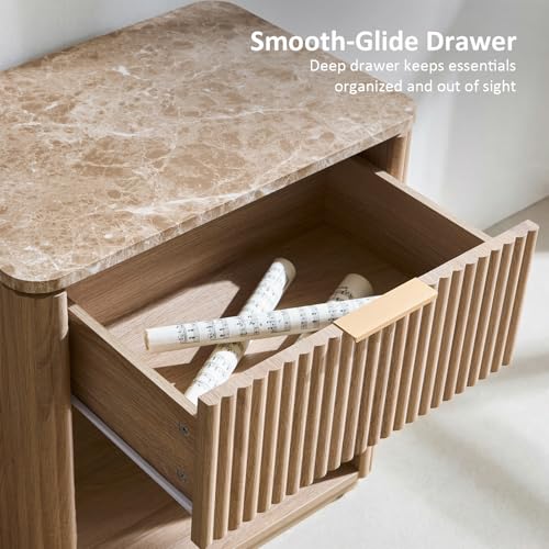 Image of 3 Sided Fluted Nightstand with Faux Marble Top, Modern Bedside Table | End Tables Bedroom, Night Table, FSC-Certified, 1 Drawer & 1 open Shelf, Rounded Corner, Metal Handle, Natural Oak