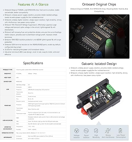 Waveshare USB to RS485/422, Industrial Grade Isolated Converter, Up to 1200m Long-Distance Transmission, Compatible with Mac/Linux/Android/Win11/10/8.1/8/7, Support Wall-Mount & Rail-Mount
