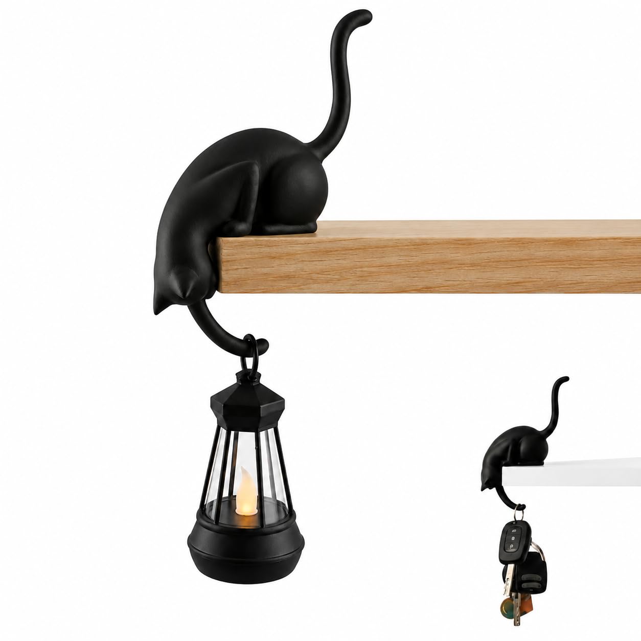 Cat Shelf Hook with Vintage Lantern, Cute Cat Hook Shelf Decor (Black)