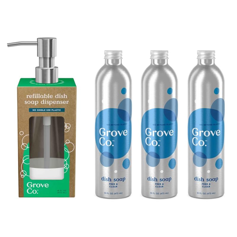 Image of Grove Co. Ultimate Dish Soap Refill Bundle, Free & Clear Unscented, 3-Pack of 16 oz Aluminum Bottles with Reusable Glass Soap Dispenser, Plant-Based Grease-Cutting Formula
