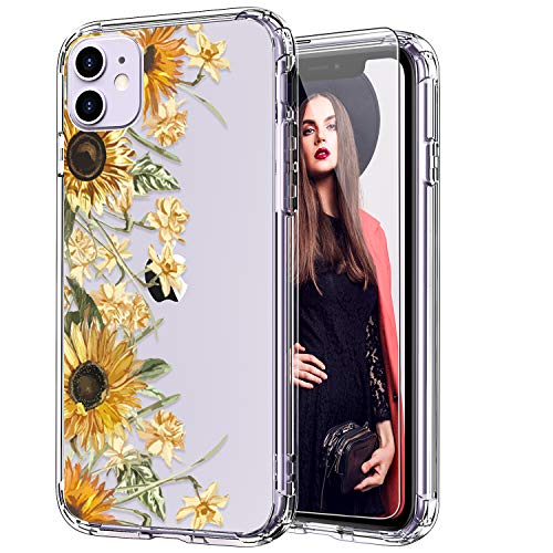 ICEDIO iPhone 11 Case with Screen Protector,Clear with Cute Sunflowers and Yellow Floral Patterns for Girls Women,Shockproof Slim Fit TPU Cover Protective Phone Case for Apple iPhone 11 6.1 inch