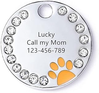 Zinc Alloy Dog Tags Personalized for Pets - Custom Text Pet ID Tag Label - Round Shape Engraved Dog Tags and Cat Tags with Diamond,Orange