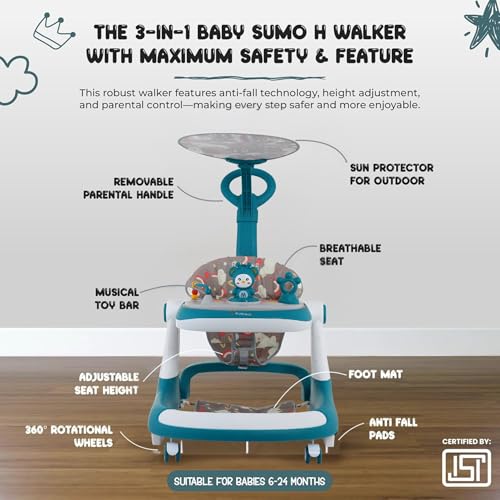 Image of Bunnie Baby Activity Sumo Walker, Adjustable Infant Walking, Removable Toy Tray, Safety Lock Wheels, and Parental Handle, Perfect for Toddlers Learning to Walk Indoors, 6-Wheel Design - L Blue