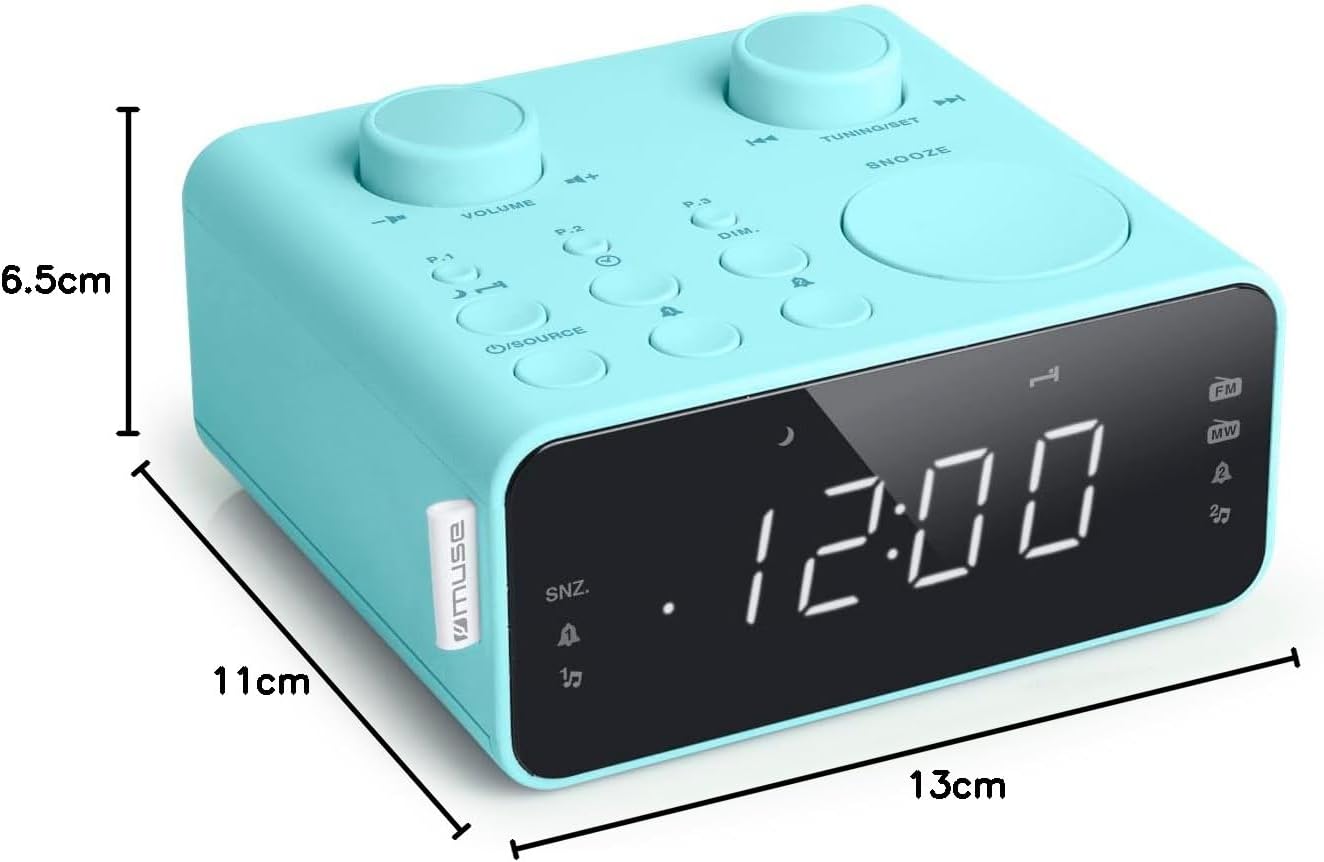 Dimensions of Muse M17CB Alarm Clock Radio: 13cm length, 11cm width, 6.5cm height.