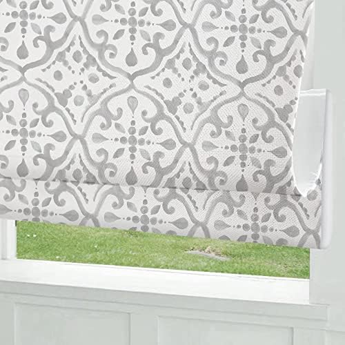 Cordless Roman Shades Window Shades, Grey Pattern Blackout Light Filtering Custom Window Roman Blinds, 10% Linen Fabric Roman Shades for Windows, French Doors, Doors, Kitchen Windows