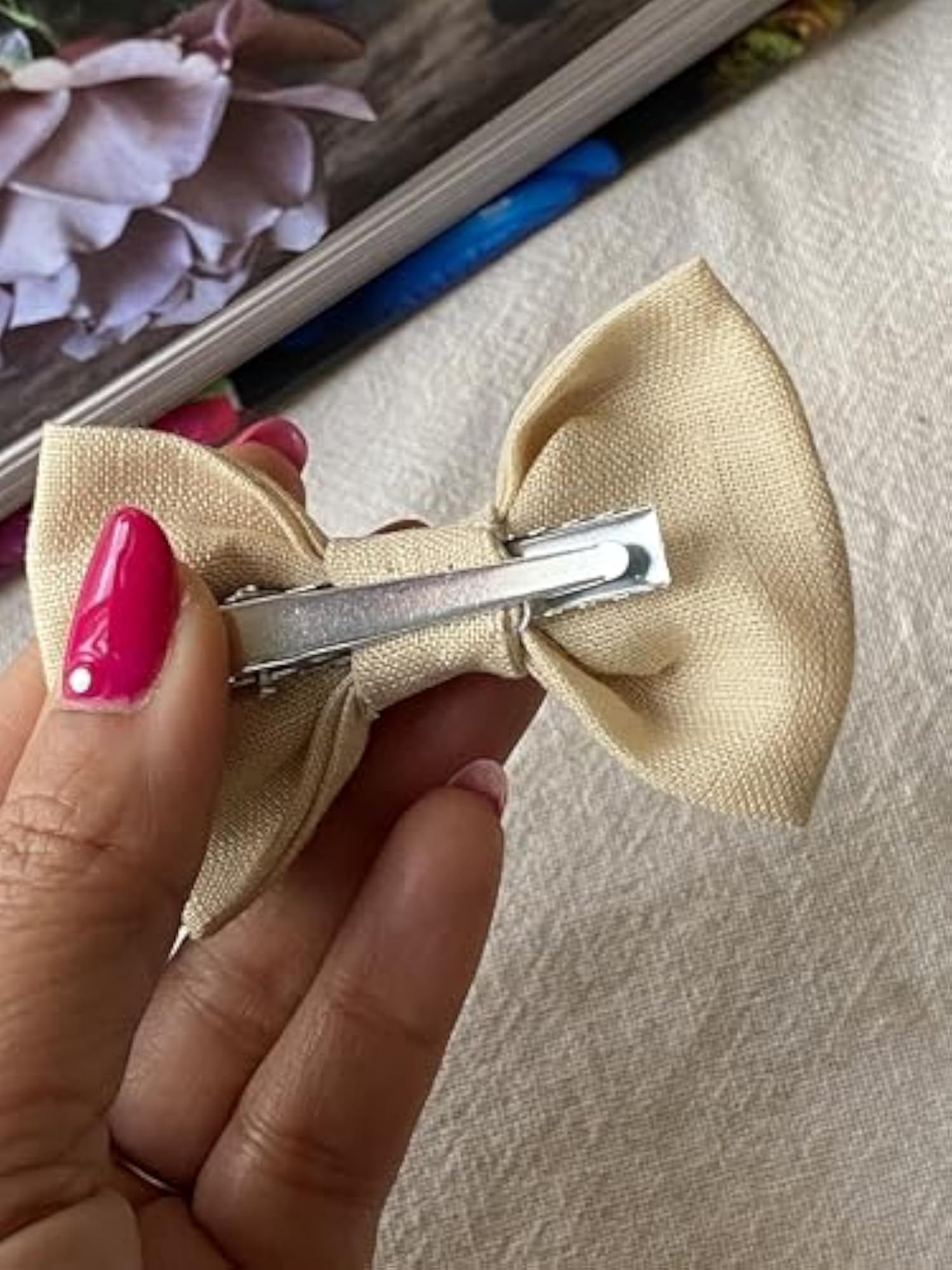 Handmade Bow Clip with Flowers on Linen Fabric, Hair Accessory