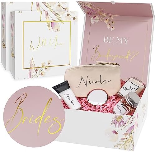 kiniu Bridesmaid Gift Boxes With Lids 3 Pack - Bridesmaid Proposal Box w/Floral Design & Gold Foil Writing 9.25 x 9.25 x 3.75 - Collapsible Magnetic Gift Box and Easy to Assemble Bridesmaid Gift Box
