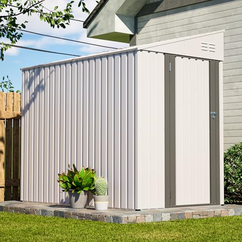 Image of YOPTO 4x7 FT Outdoor Storage Shed,Metal Lean to Storage Shed with Reinforced Beams,All Weather Waterproof Garden Tool House W /Lockable Door and Reversible Installation,for Backyard,Patio,Lawn,White