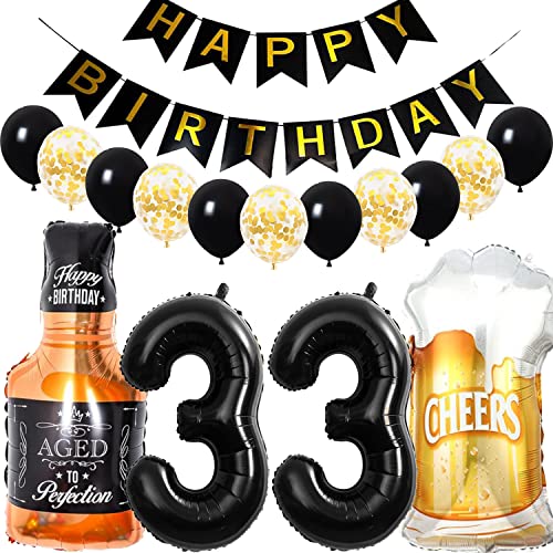 Conruich Kit de Décoration Anniversaire 33 Ans - Ballons, Feuille de Bière, Hélium Ballon Whisky pour Fête Homme et Femme