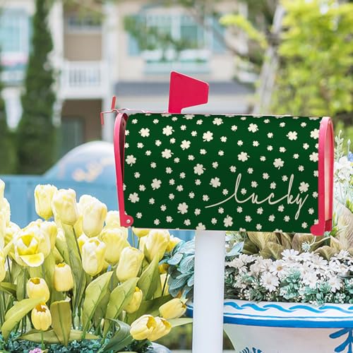 Image of St Patricks Day Mailbox Cover Magnetic Green Clovers Shamrock Waterproof Mailbox Wrap Post Cover Standard Size 25.5x21 Inch for Garden Yard Outdoor Outside Patio Seasonal Holiday Decor
