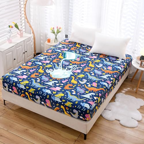 Image of TPU Backing Waterproof Fitted Sheet with Deep Pocket,Dino Printed Thicken Fabric Bed Sheets (Navy Blue(Waterproof), Twin)