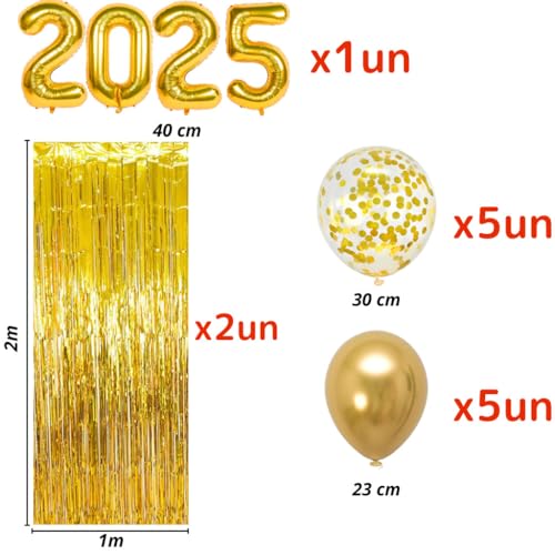 Kit Ano Novo Reveillon Balão 2025 Cortina Metalizada, Fitilho Metalizada, 10 Bexiga Confete Decoraçã