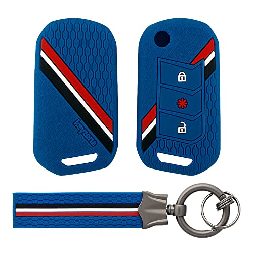Image of Keyzone Striped Silicone Key Cover and Keychain Compatible for Mahindra Thar Roxx, Xuv3xO, Scorpio-N, Xuv700, Thar,Xuv400, Xuv300, Bolero NEO, Marazzo, 3 Button Flip (Blue with Blue Striped KH)