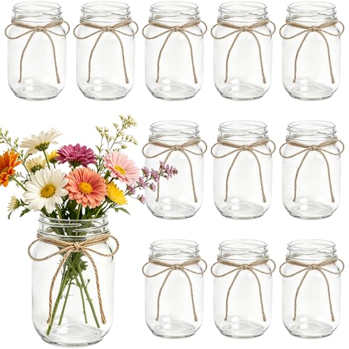 LEYIQU 12Pcs Clear Mason Jar Glass Flower Vases for Centerpieces