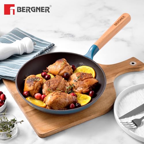 Image of BERGNER Excalibur Lightweight Cast Iron Frypan 18cm, Sturdy Wooden Handle, Non-Stick Coating, PFAS Free, Perfect Heat Distribution, Elegant Design - Induction and Gas Stove Ready (Blue)