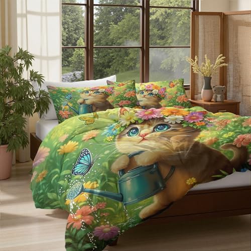 Housse de couette 140x200 chat et parure de lit microfbre 3D réversible - 3