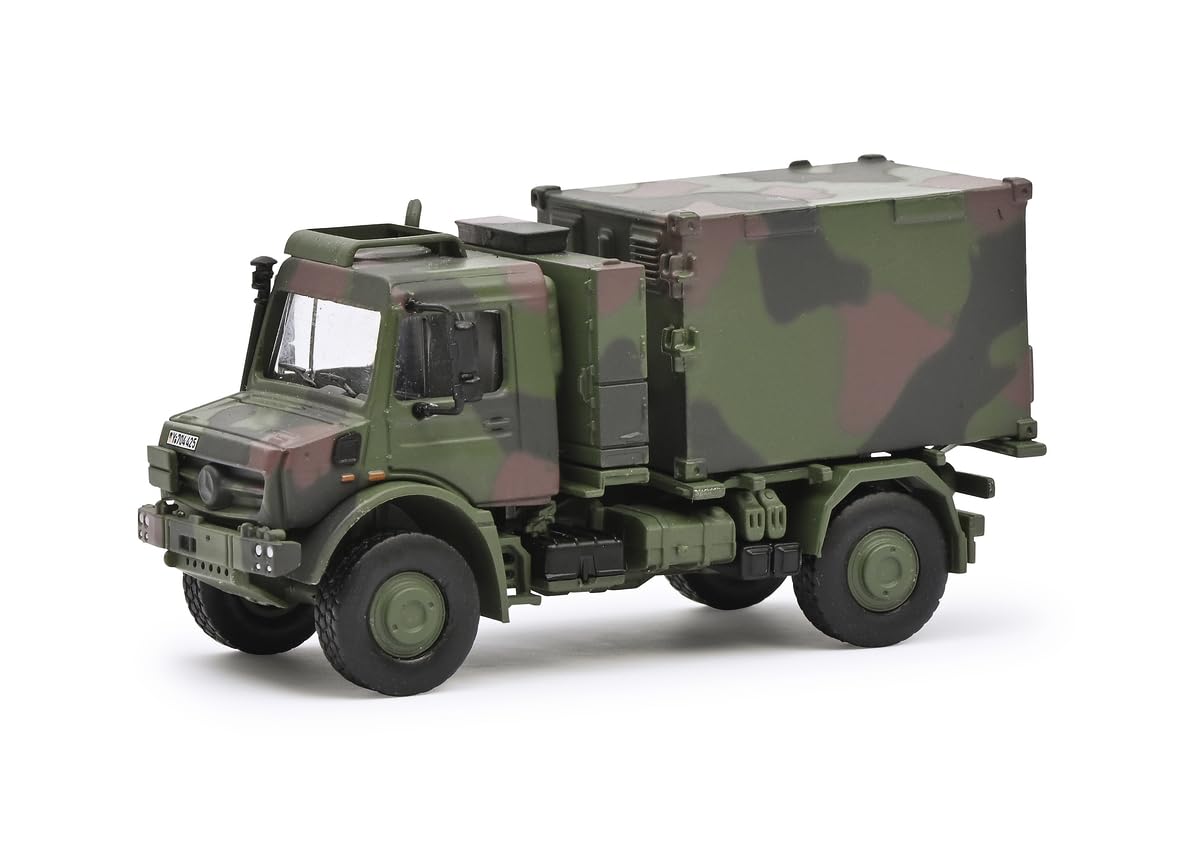 Schuco 1:87 Unimog U5023 Funkcontainer Camo - Hochwertiges Diecast Modell im Maßstab 1:87, Modellauto, 1:87, Militär, Sammlermodell, Diorama