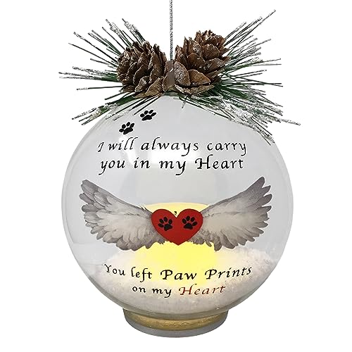 Paw Prints on My Heart LED Christmas Ball Ornament - Pet Memorial Gift for Loss of a Furry Friend - Touching Memorial Gift - 4" Diameter - 4-Hour Timer