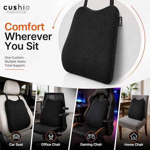 Image of CUSHIO Memory Foam Car Seat Cushion for Back Support, Ergonomic Lumbar Support for Car Seat & Office Chair, Car Back Support Cushion, Chair Cushion for Pain Relief & Posture (Black)