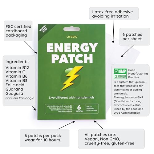 Image of Energy Patch: Natural Blend of B12, C, B6, B3, Folic Acid, Guarana & Guayusa, Daily Patches - Vegan, Cruelty Free, Non GMO, Latex Free - 6 Patches