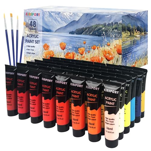 KINSPORY Pinturas Acrílicas 48 x 36 ml con 4 Pinceles - Resistente al Agua, Certificado Seguro, Acrylic Paint - para Lienzo, Madera, Vidrio, Piedra - Ideal para Artistas, Principiantes y Niños