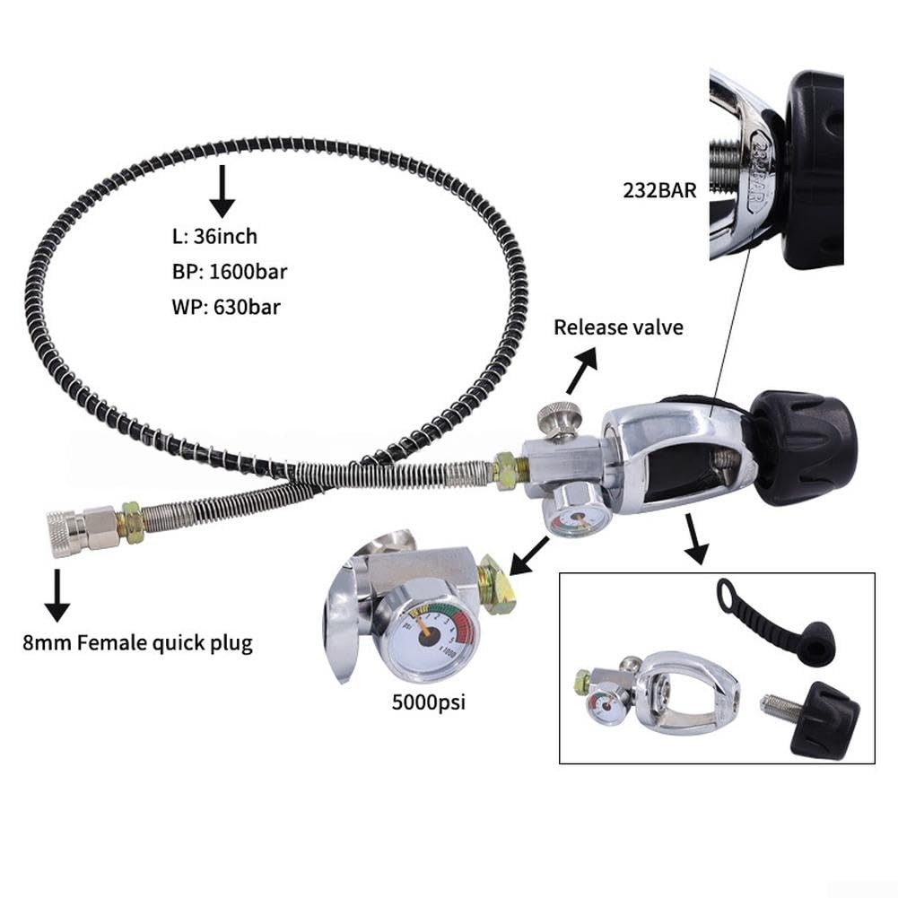 Tuyau d'essai de plongée avec valve G5/8 et ressort de 91,4 cm