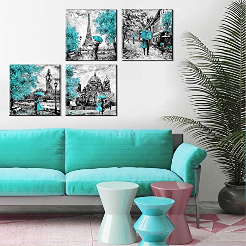 Teal Paris Canvas Wall Art For Living Room London Eiffel Tower Berlin Cityscape Pictures Bathroom Decor Black And White City Landscape Painting Artwork Bedroom Kitchen Home Decorations 16X16" 4 Pcs #TOP1