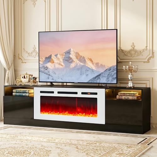 Image of MXV 90 inch Fireplace TV Stand for TVs Up to 100 inch, LED Light Entertainment Center with 50 inch Electric Fireplace, Modern Wood Texture TV Media Console with Highlight Storage Cabinet, Black+White