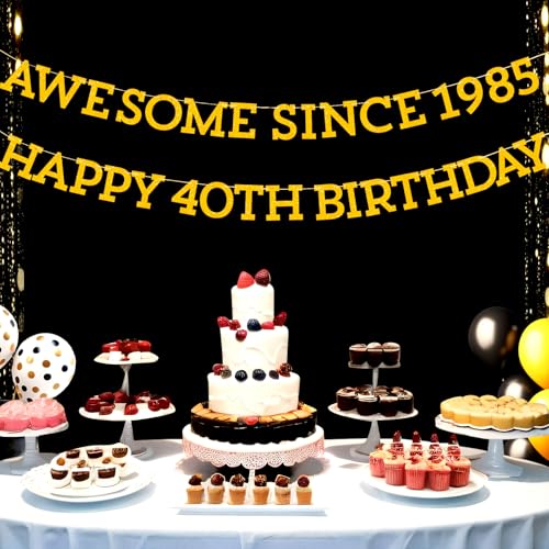 Image of Awesome Since 1985 Banner, Gold Glitter 40th Birthday Garland Decorations for Men and Women Happy 40 Years Old Birthday and Anniversary Party Decor Supplies, Pre-Strung