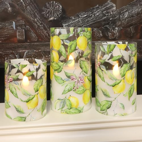 Image of Lemon Glass Flameless Candles with Remote Timer Battery Operated LED Flicker Real Wax Pillar Candles Spring Summer Lemonade Party Kitchen Table Dinner Christmas Holiday Decor D3 x H4, 5 inch, 6 inch