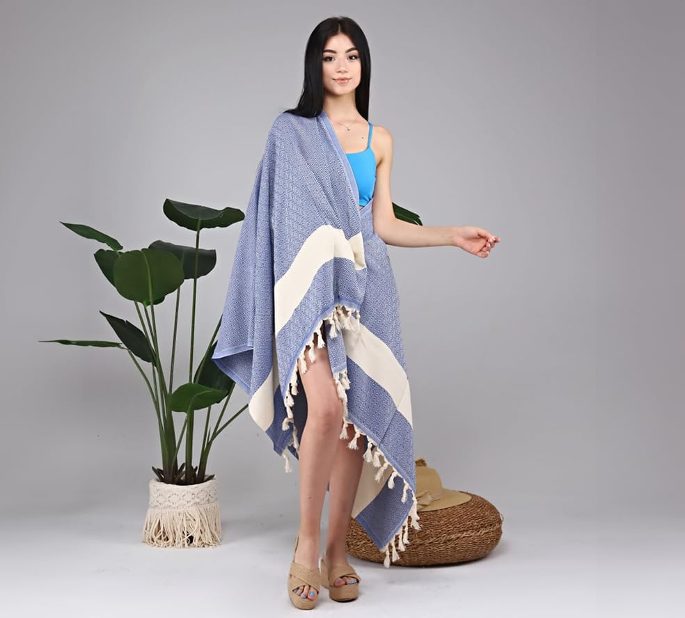 Miniatura 8 de Hello ACCESORIES Toalla de playa turca 100% algodón, 38 x 70 pulgadas, secado rápido, ligera y sin arena, peshtemal turco para baño, playa, spa y