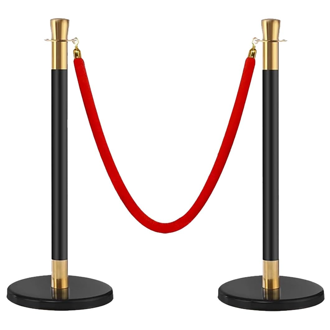Aioneer Stainless Steel Stanchion Post With Velvet Ropes, Crowd Control Barriers For Events, Safety Barriers For Theaters, Museums, And Weddings-Black Gold-2 Pack