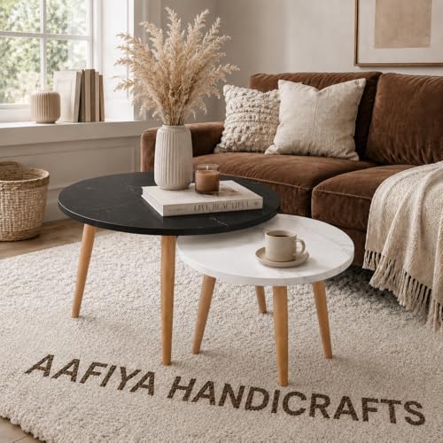 Image of Round Nesting Coffee Table Set of 2, Marble Finish Top, Wooden Legs, for Living Room (White)