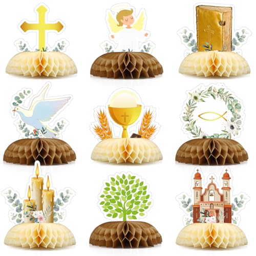 Lote 9 centros de mesa ninho de abelha batizada e comunhão - decoração de mesa com cruz e pombo - ornamento para primeira comunhão - centro de cerimónia religiosa - fé e tradição