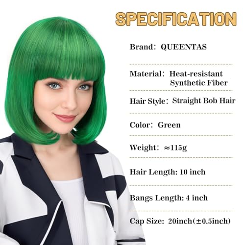 Image of QUEENTAS 10 Inch Short Straight Green Bob Wig for Women with Bangs Glueless Synthetic Hair Natural Looking for St Patrick's Day Halloween Cosplay