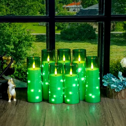 Image of Flameless Candles,with Embedded Star String, Battery Operated Candles Flickering LED Pillar Candles with Remote Control and Timer, Home Decoration Add a Warm and Romantic Atmosphere,Set of 7 (Green)