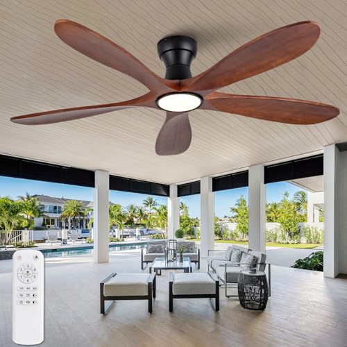 Image of 52 Inch Flush Mount Ceiling Fans with Lights and Remote, Dimmable 5 Blade Wood Outdoor Ceiling Fan Outdoor Fans for Patios Low Profile Modern Ceiling Fan with Light for Bedroom Living Room