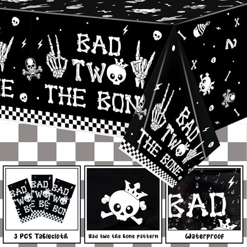 Image of K1tpde 3PCS Bad Two The Bone Party Tablecloth for Kids, Music Themed 2nd Black Plastic Tablecloth, Rock and Roll 2nd Disposable Table Covers for Birthday Decoration, Skeleton Party Supplies