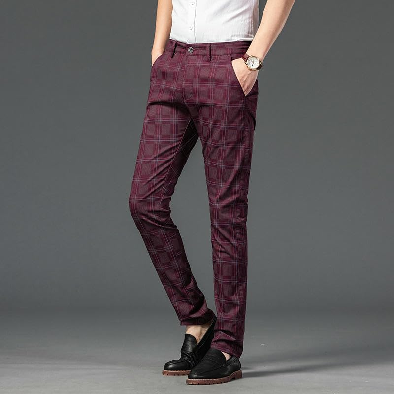 Men's Spring Plaid Elastic Business Slim Straight Trendy Casual Pants4