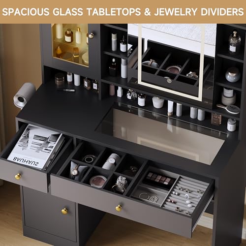 Image of HUANLEGO Vanity Desk with Mirror and Lights, Black Vanity with Lighted Mirror and RGB Cabinet & Jewelry Organizers, Makeup Vanity Desk with Lights, Glass Top Dressing Table for Girls Bedroom