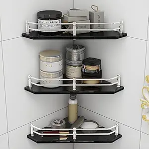 Plantex Premium Diamond Black Glass Corner Shelf for Bathroom/Kitchen Shelf/Bathroom Accessories (9x9 Inches) - Pack of 3