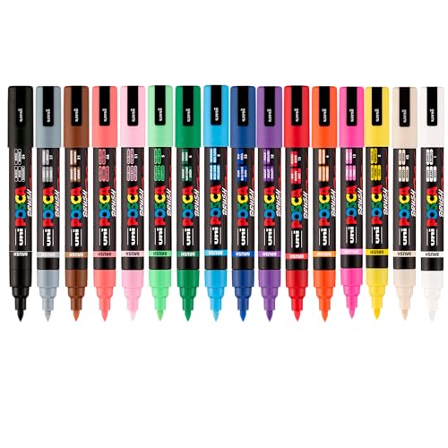 Image of POSCA PC-5BR Water-Based Paint Markers, Reversible Brush Tip (1.0-4.0mm), Assorted Colors, 16 pack